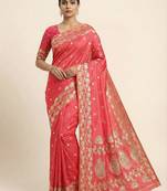 Peach  soft banarasi silk saree with zari weaving  design with running blouse