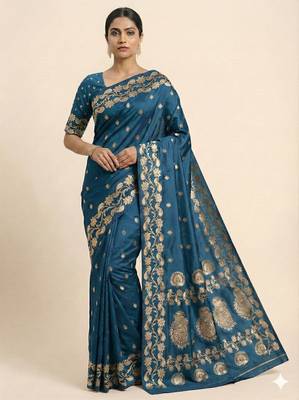 Teal soft banarasi silk saree with zari weaving  design with running blouse 1