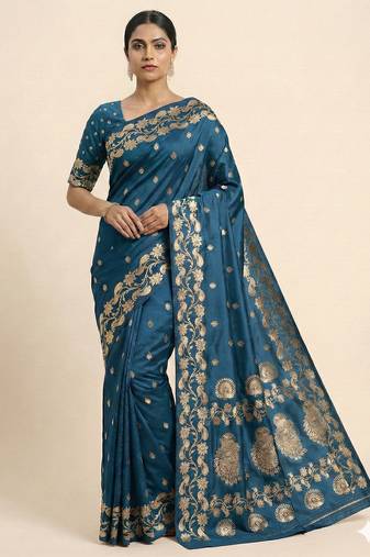 teal soft silk blend saree with zari weaving design with running blouse