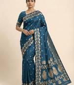 Teal soft banarasi silk saree with zari weaving  design with running blouse