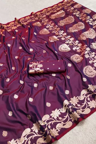 Wine  soft banarasi silk saree with zari weaving  design with running blouse