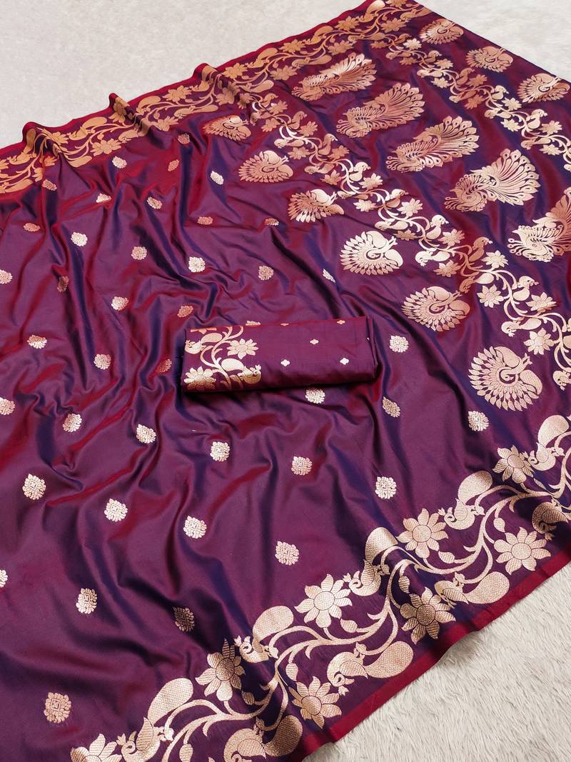 Wine  soft banarasi silk saree with zari weaving  design with running blouse