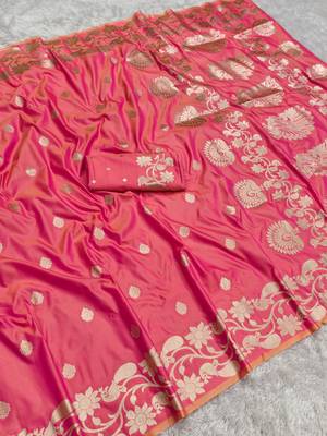 Peach  soft banarasi silk saree with zari weaving  design with running blouse 2