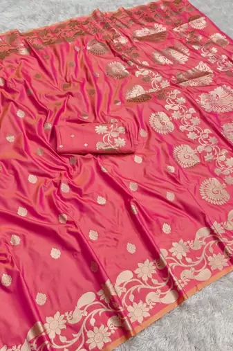 Peach  soft banarasi silk saree with zari weaving  design with running blouse