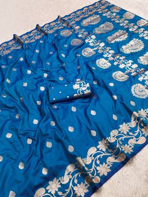 Teal soft banarasi silk saree with zari weaving  design with running blouse 2