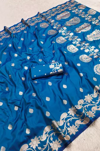 Teal soft banarasi silk saree with zari weaving  design with running blouse