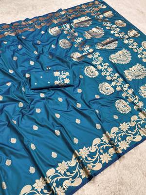 Teal soft banarasi silk saree with zari weaving  design with running blouse 3