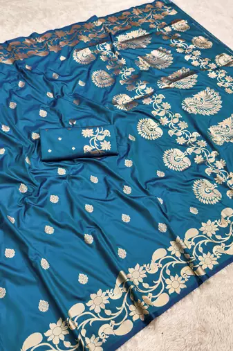 Teal soft banarasi silk saree with zari weaving  design with running blouse