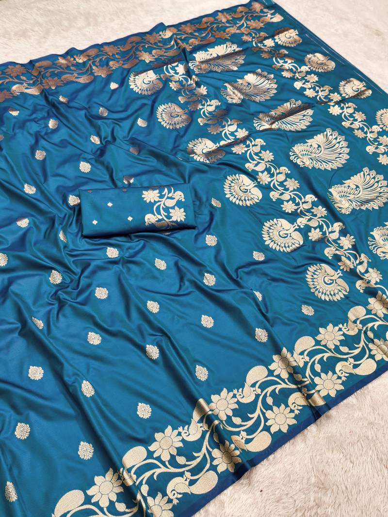 Teal soft banarasi silk saree with zari weaving  design with running blouse