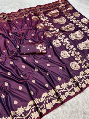 Wine  soft banarasi silk saree with zari weaving  design with running blouse 3