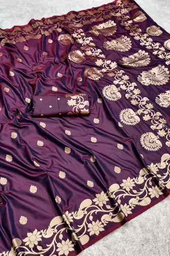 Wine  soft banarasi silk saree with zari weaving  design with running blouse