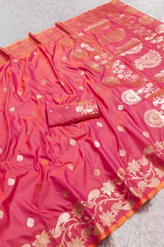 Peach  soft banarasi silk saree with zari weaving  design with running blouse