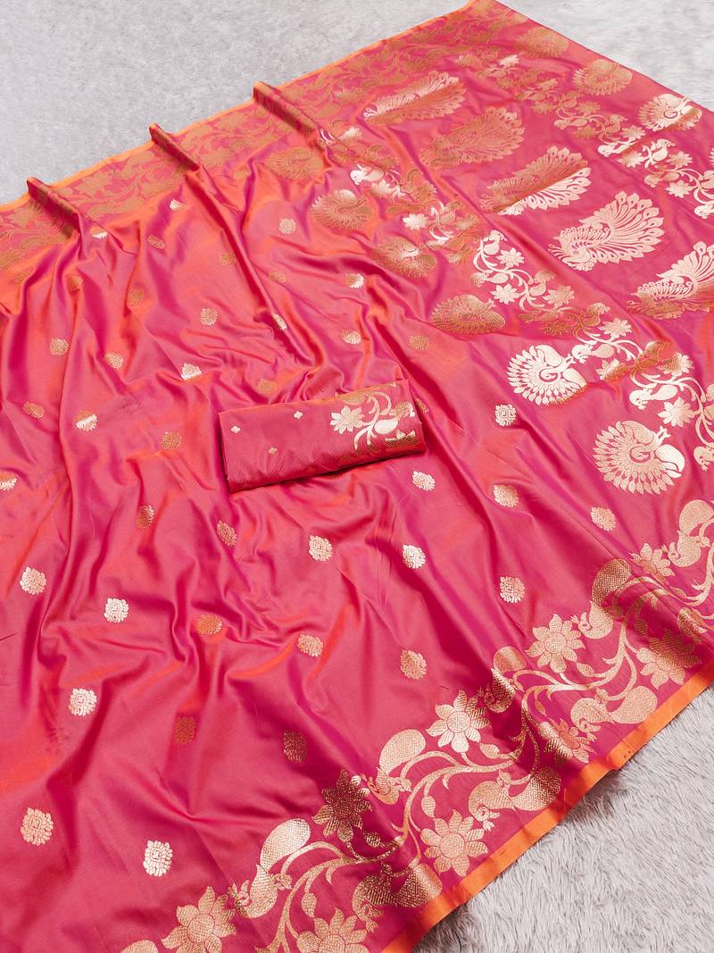 Peach  soft banarasi silk saree with zari weaving  design with running blouse