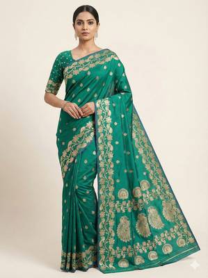 Rama green  soft banarasi silk saree with zari weaving  design with running blouse 1