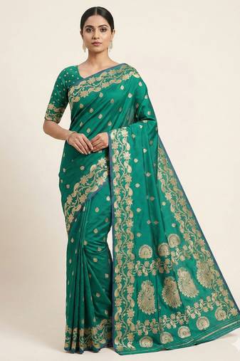 rama green soft silk blend saree with zari weaving design with running blouse