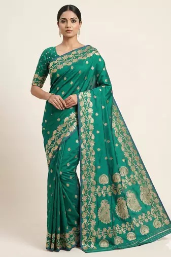 Rama green  soft banarasi silk saree with zari weaving  design with running blouse
