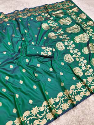 Rama green  soft banarasi silk saree with zari weaving  design with running blouse 2