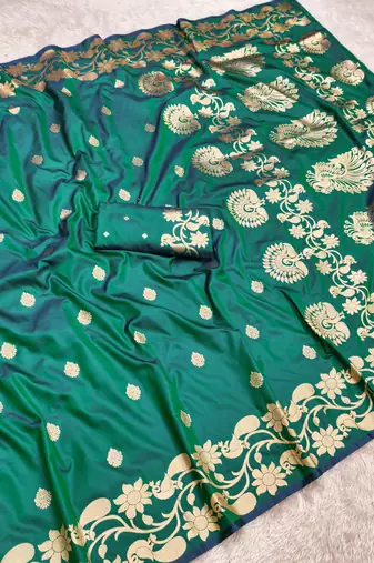 Rama green  soft banarasi silk saree with zari weaving  design with running blouse