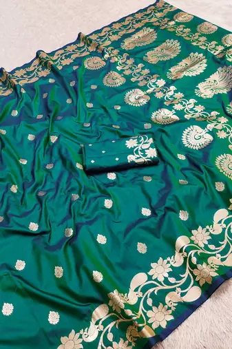 Rama green  soft banarasi silk saree with zari weaving  design with running blouse