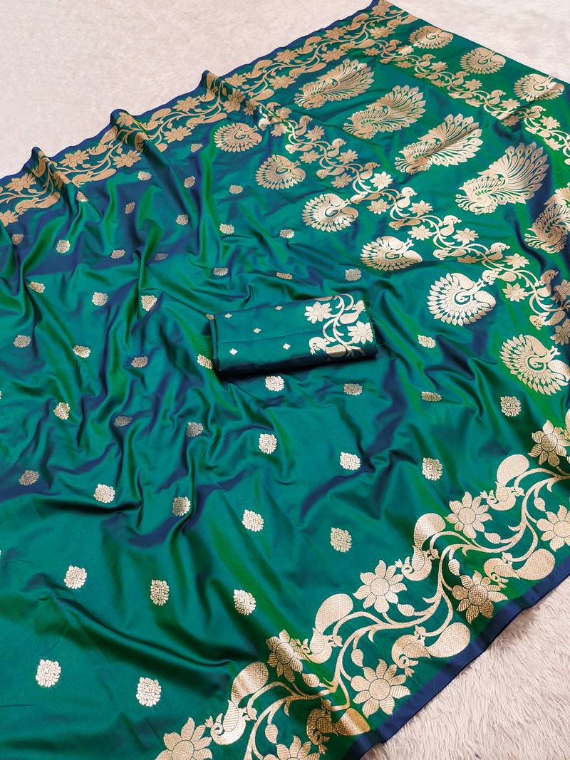 Rama green  soft banarasi silk saree with zari weaving  design with running blouse