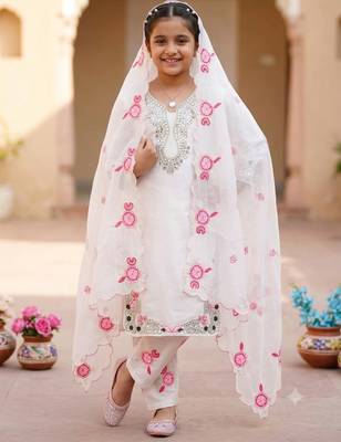 White natural crepe embroidery sequence work girls kids dress set 1