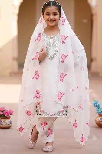 White natural crepe embroidery sequence work girls kids dress set