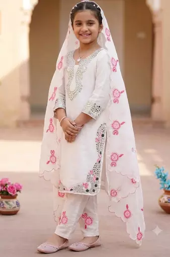 White natural crepe embroidery sequence work girls kids dress set