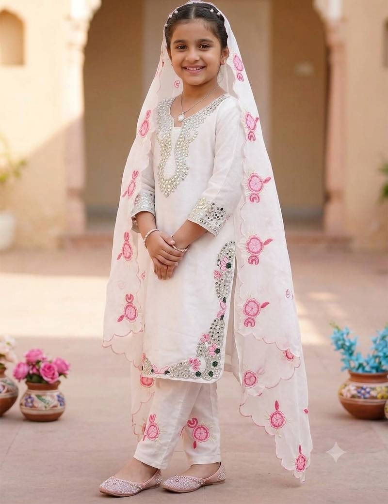 White natural crepe embroidery sequence work girls kids dress set