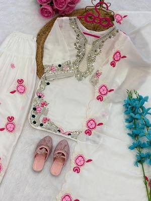 White natural crepe embroidery sequence work girls kids dress set 3