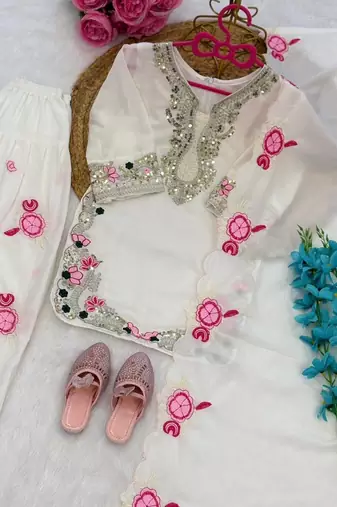 White natural crepe embroidery sequence work girls kids dress set