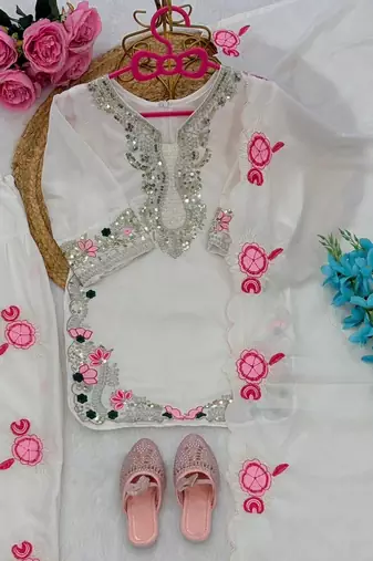 White natural crepe embroidery sequence work girls kids dress set