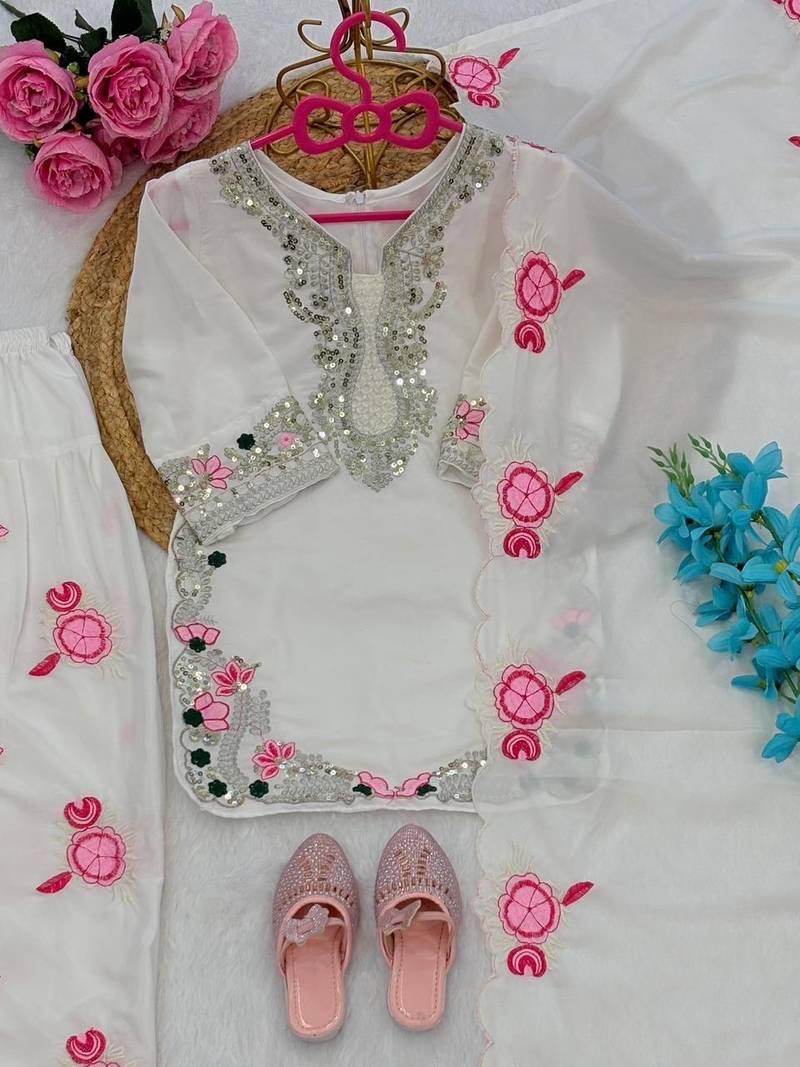 White natural crepe embroidery sequence work girls kids dress set