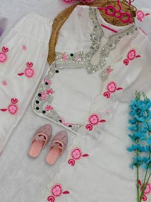 White natural crepe embroidery sequence work girls kids dress set 5
