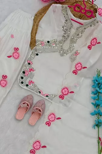 White natural crepe embroidery sequence work girls kids dress set