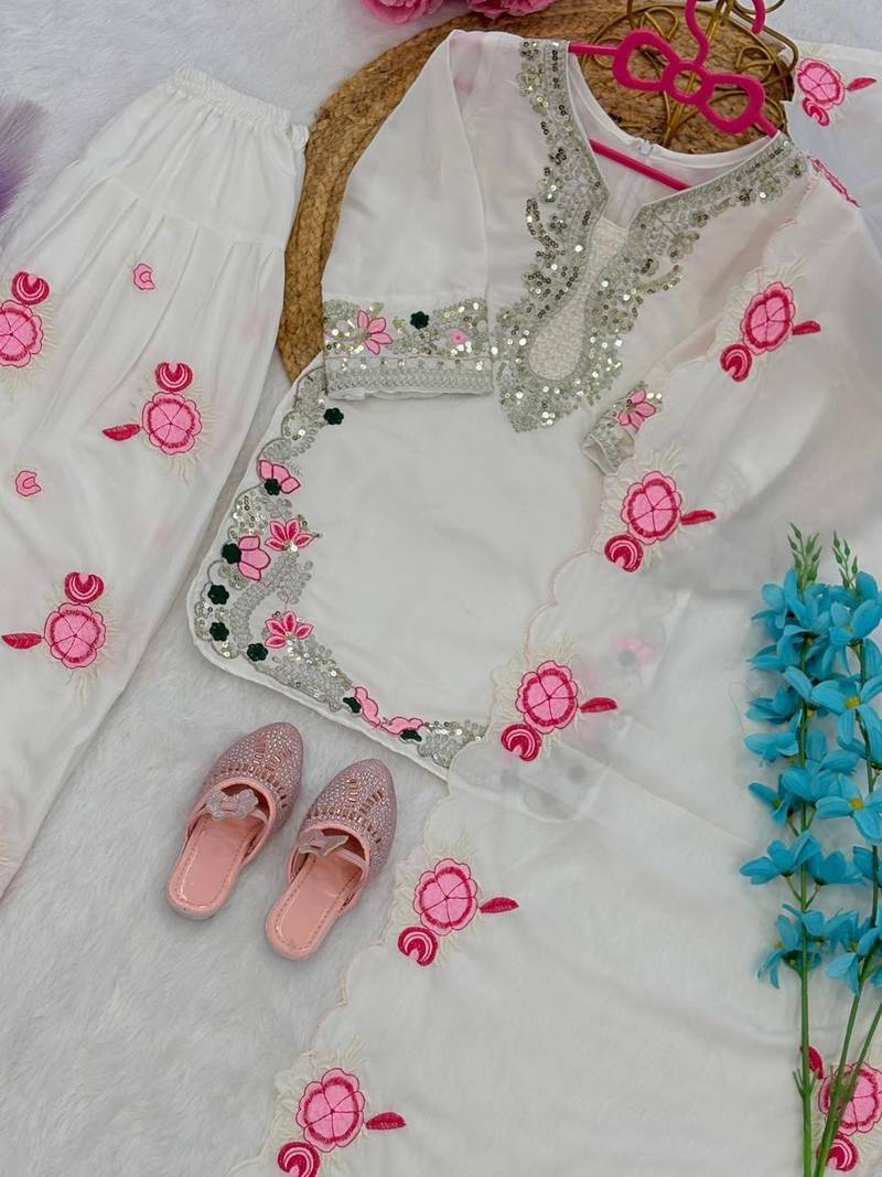 White natural crepe embroidery sequence work girls kids dress set