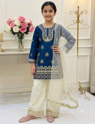 Blue fendi silk embroidery cording sequence work for girls kids dress set 1
