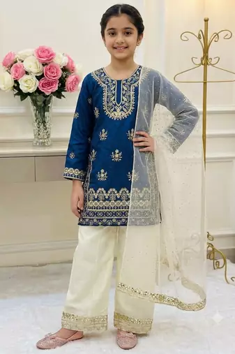 Blue fendi silk embroidery cording sequence work for girls kids dress set