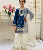 Blue fendi silk embroidery cording sequence work for girls kids dress set