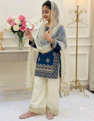 Blue fendi silk embroidery cording sequence work for girls kids dress set 2