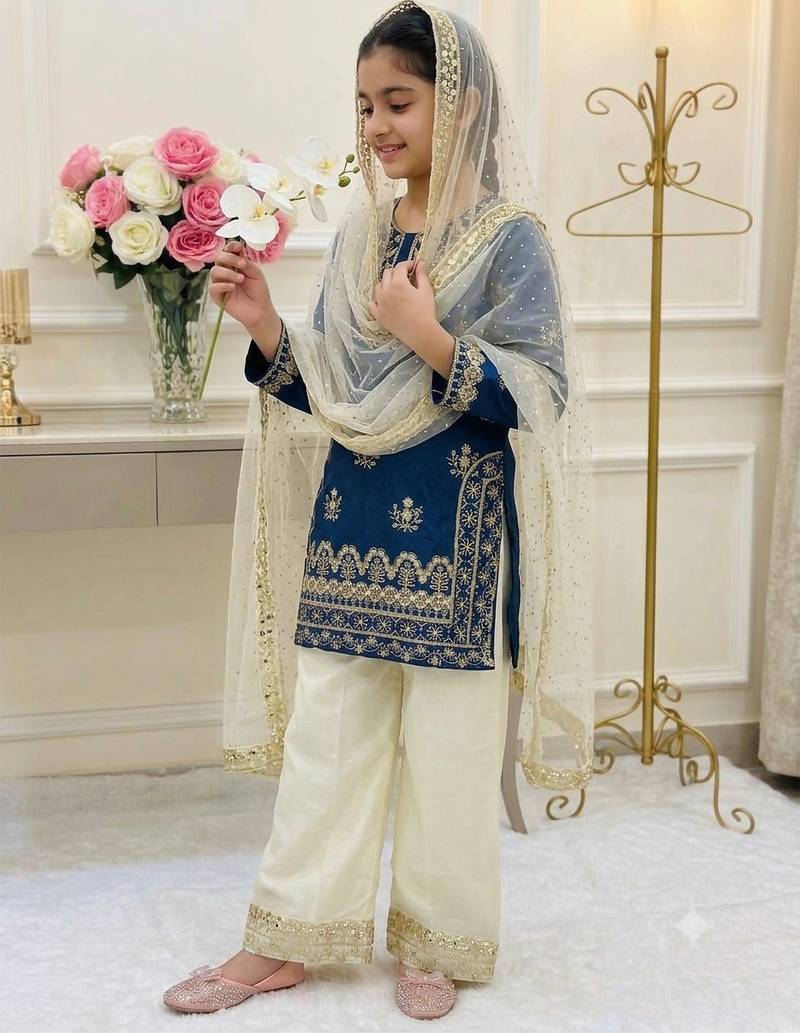 Blue fendi silk embroidery cording sequence work for girls kids dress set
