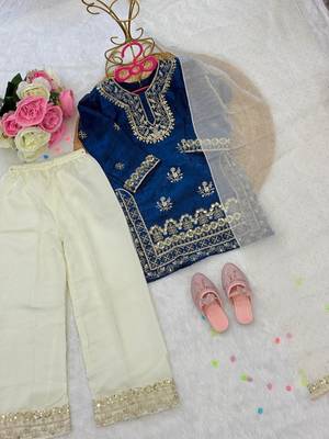 Blue fendi silk embroidery cording sequence work for girls kids dress set 3