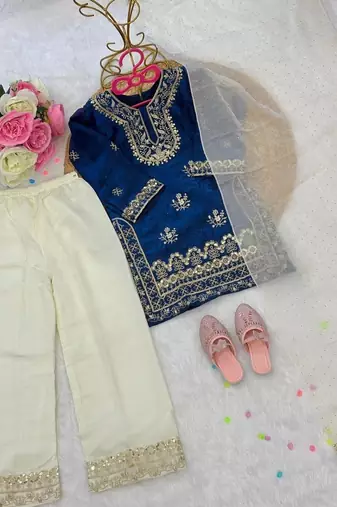 Blue fendi silk embroidery cording sequence work for girls kids dress set