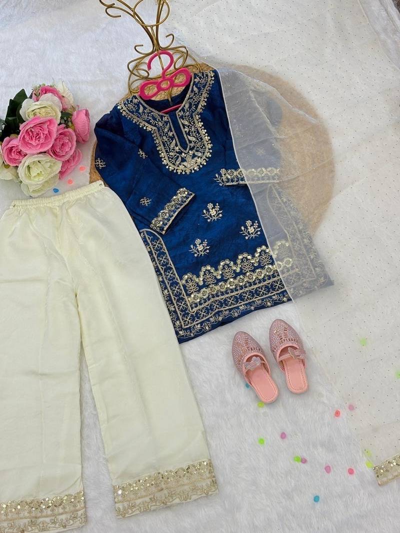 Blue fendi silk embroidery cording sequence work for girls kids dress set