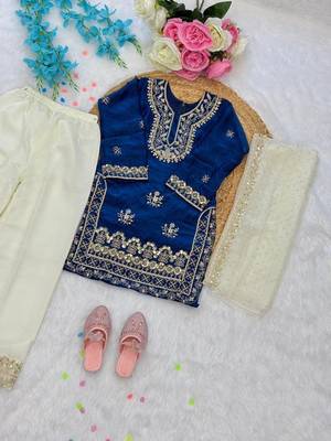 Blue fendi silk embroidery cording sequence work for girls kids dress set 4