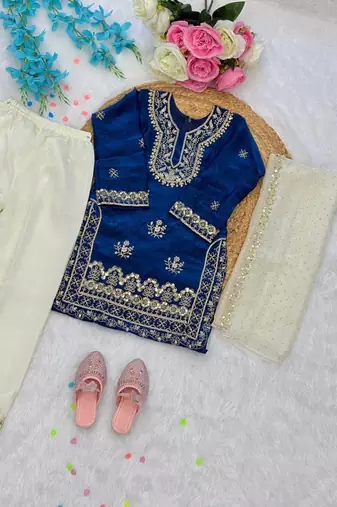 Blue fendi silk embroidery cording sequence work for girls kids dress set