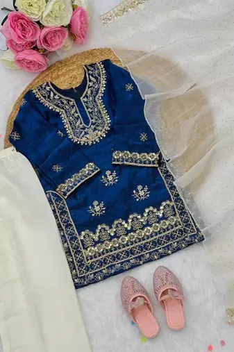 Blue fendi silk embroidery cording sequence work for girls kids dress set