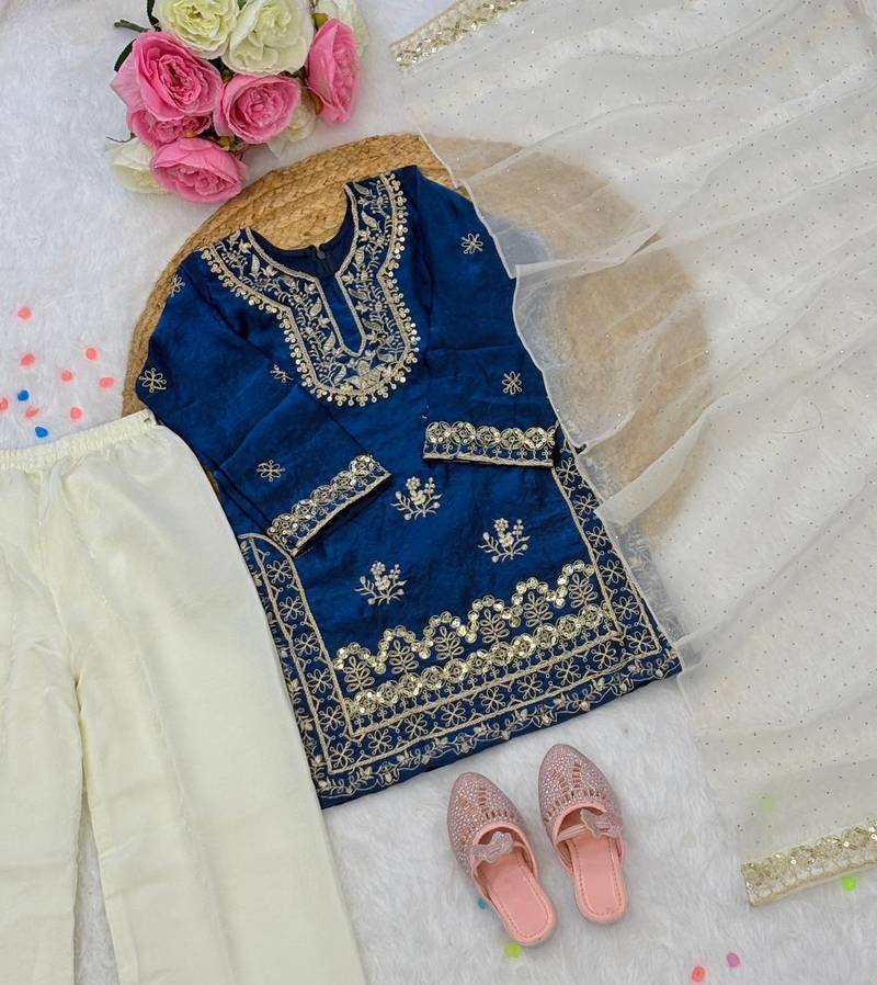 Blue fendi silk embroidery cording sequence work for girls kids dress set