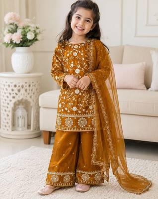 Mustard fendi silk rich embroidery with elegant sequence work for girls kids dress set 1