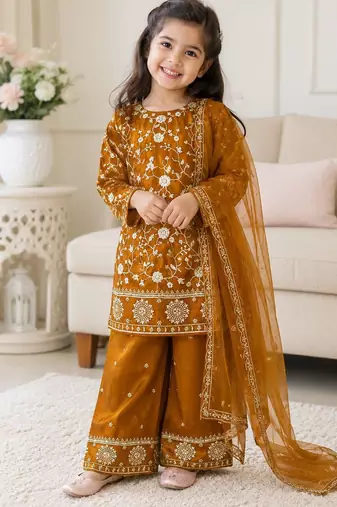 Mustard fendi silk rich embroidery with elegant sequence work for girls kids dress set
