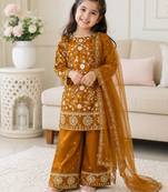 Mustard fendi silk rich embroidery with elegant sequence work for girls kids dress set